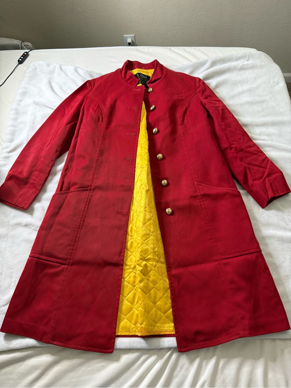 London Fog Women's Red Long Coat with Yellow Quilted Lining